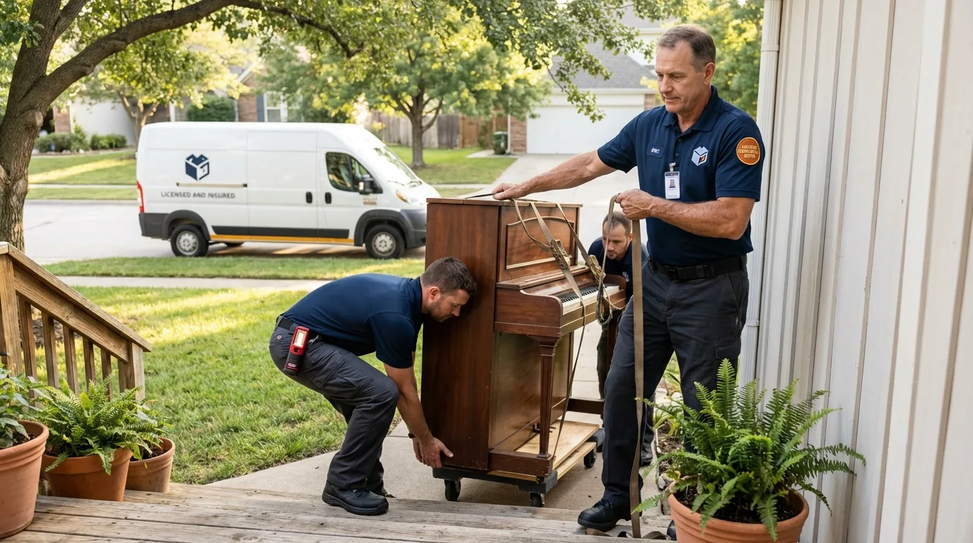 Licensed piano movers securing grand piano in Canterbury, NH