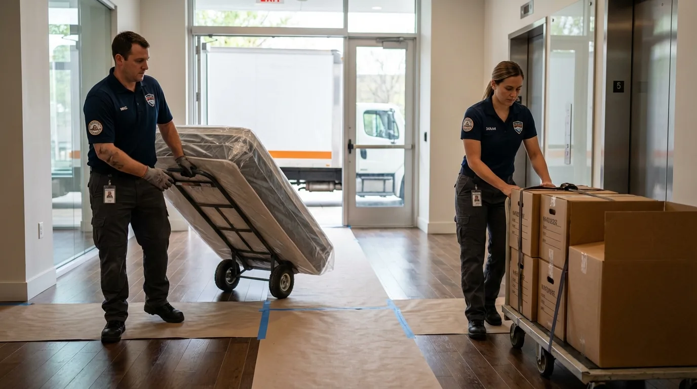 Professional apartment movers loading elevator in Canterbury, NH
