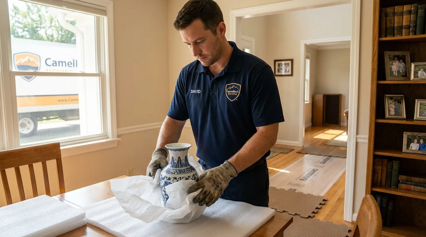 Professional crew carefully wrapping antique vase for senior downsizing move in Canterbury, NH