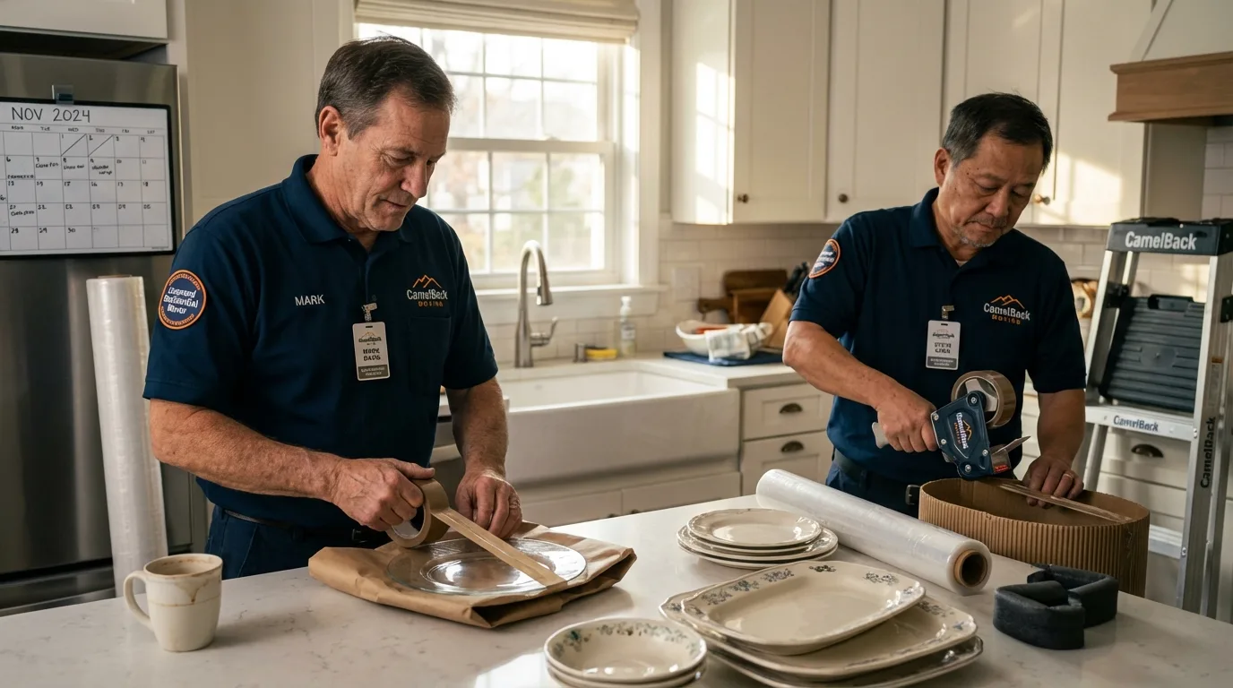 Professional crew packing kitchen dishware in Canterbury, NH